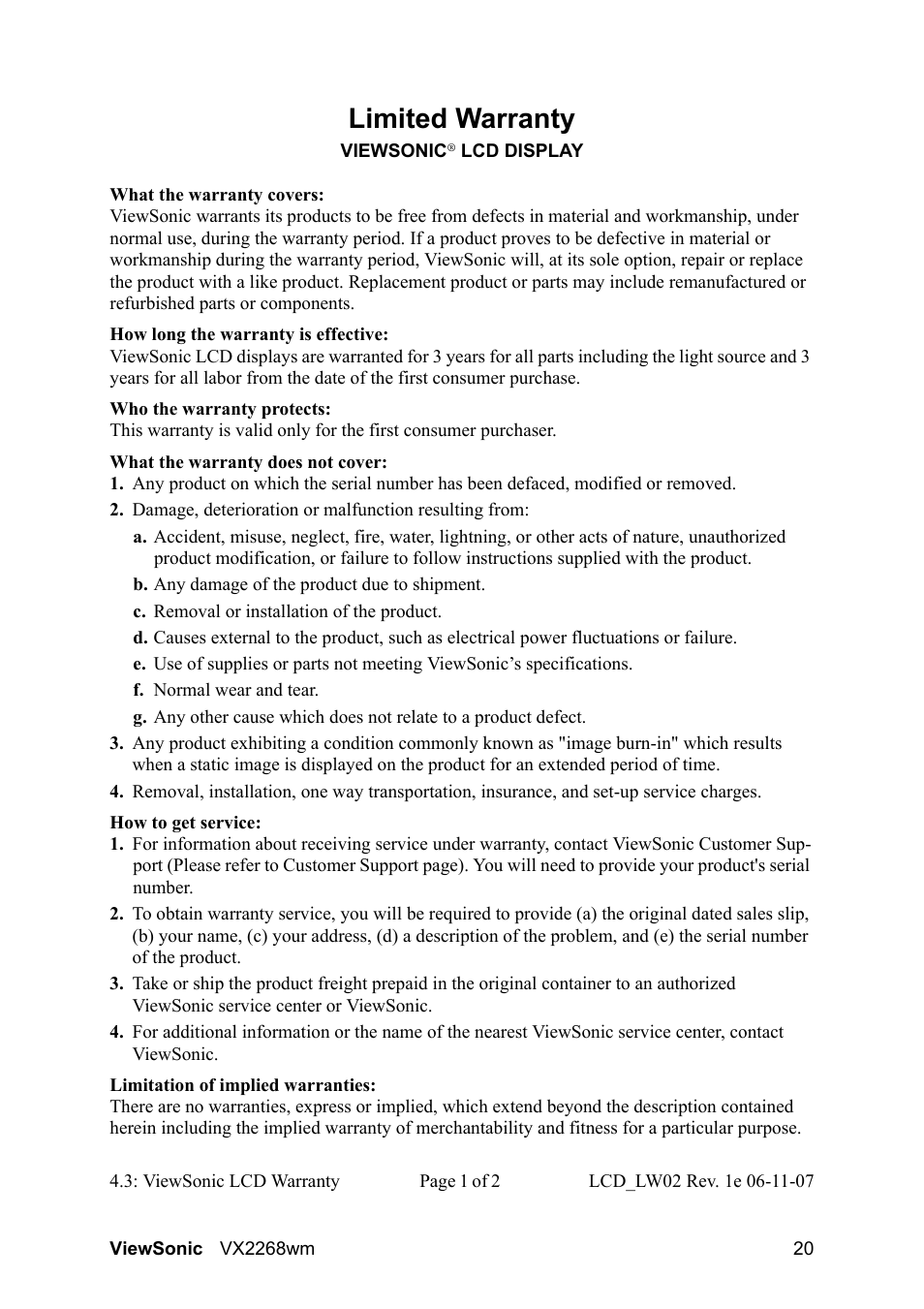 Limited warranty | VIEWSONIC VS12538 User Manual | Page 22 / 26