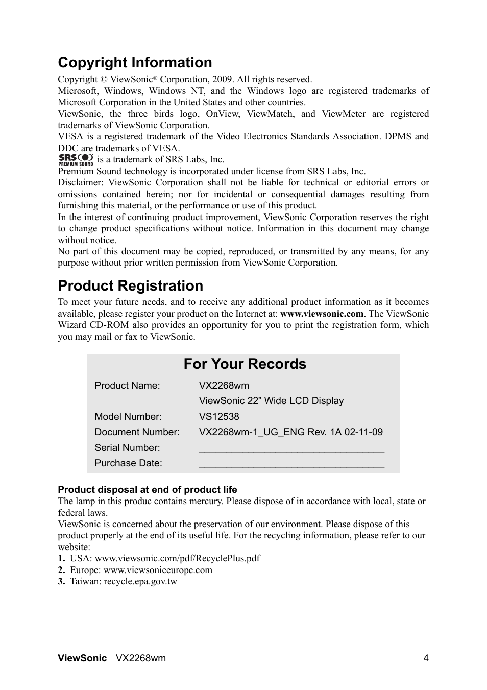Copyright information, Product registration, For your records | VIEWSONIC VS12538 User Manual | Page 6 / 26