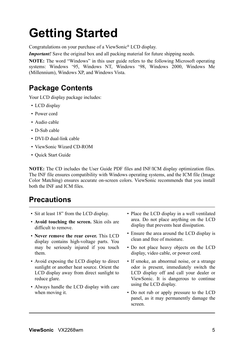 Getting started, Package contents, Precautions | VIEWSONIC VS12538 User Manual | Page 7 / 26