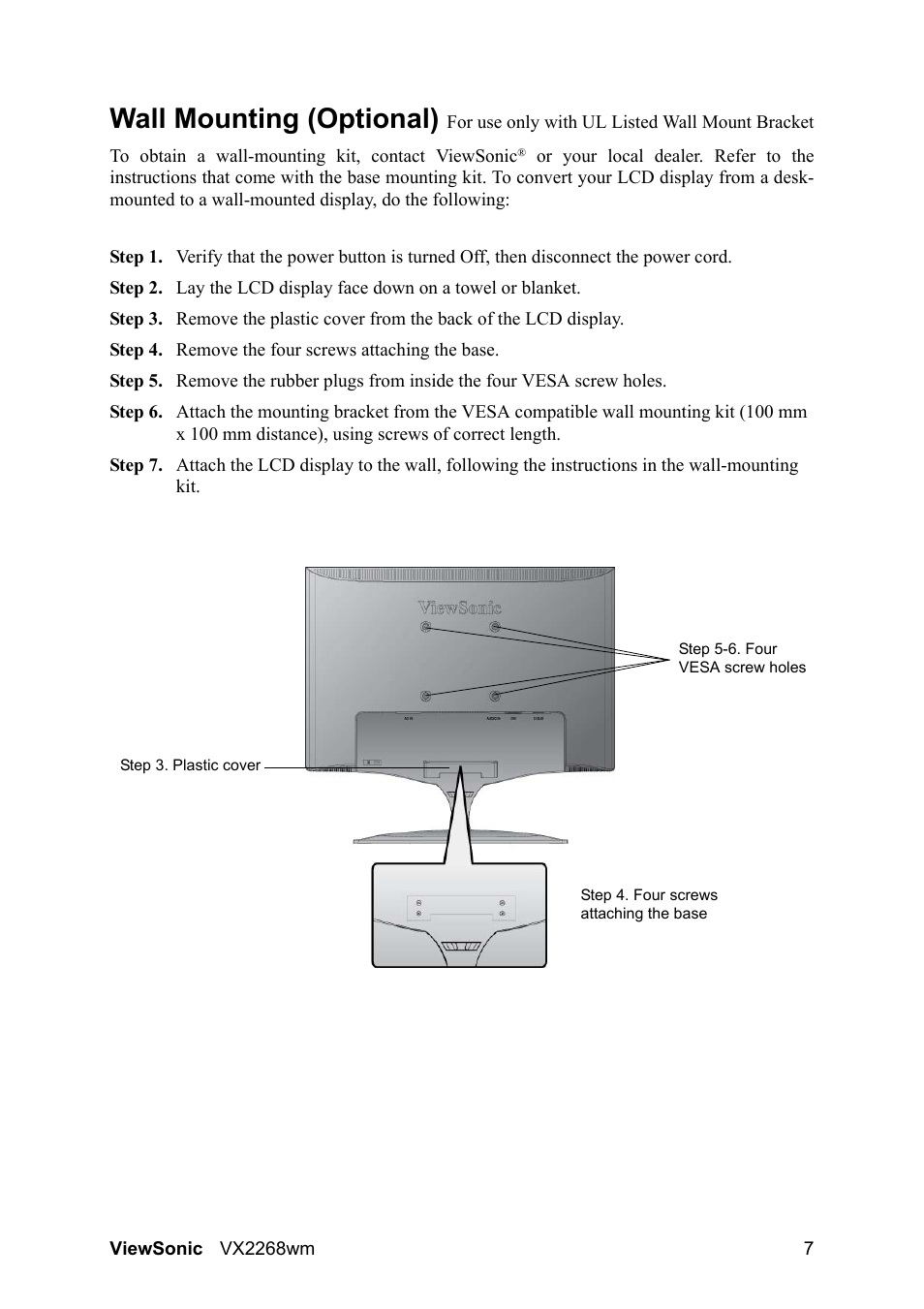 Wall mounting (optional) | VIEWSONIC VS12538 User Manual | Page 9 / 26