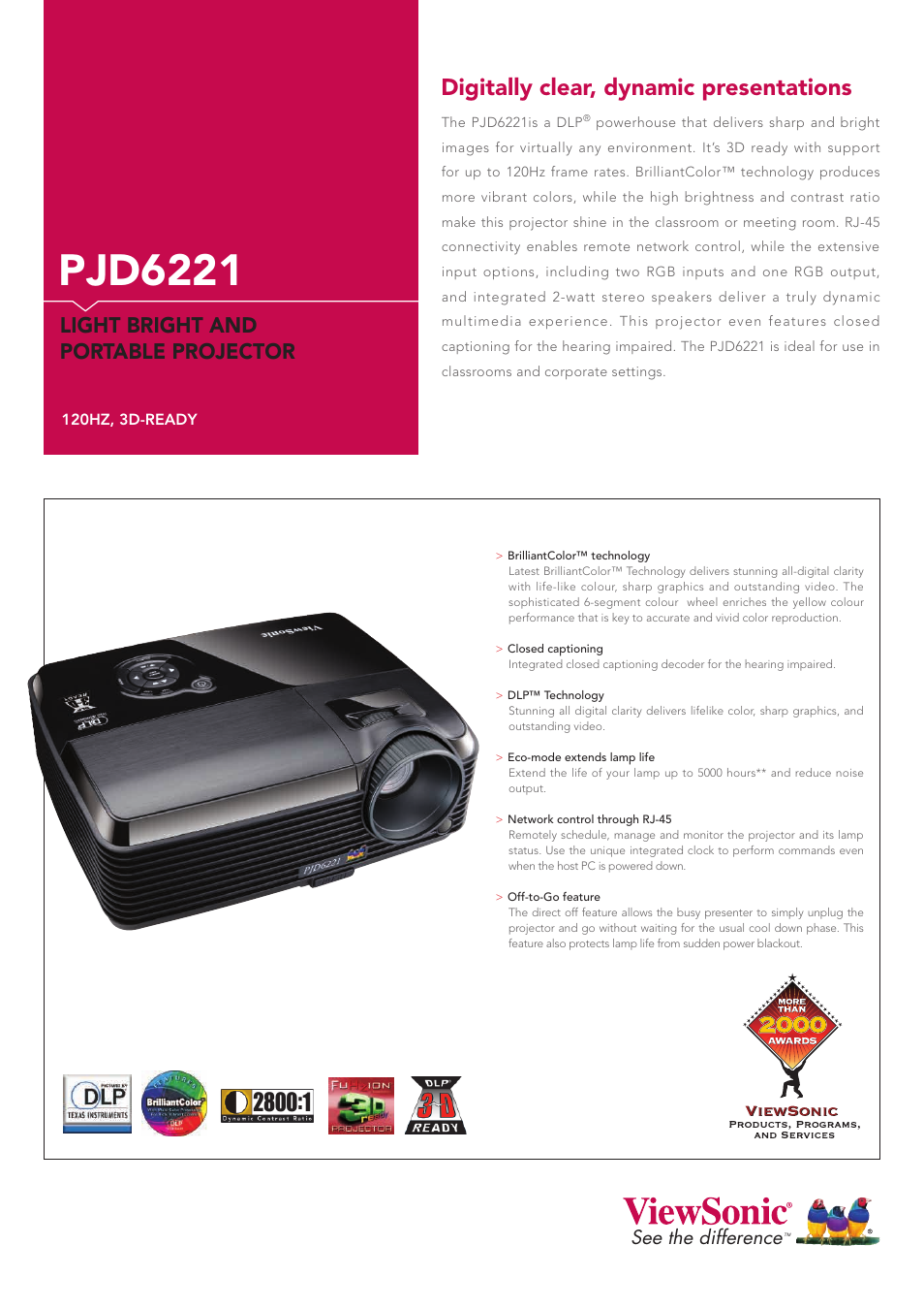 VIEWSONIC Light Bright and Portable projector PJD6221 User Manual | 2 pages