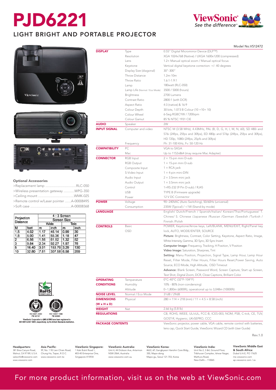 Pjd6221, Light bright and portable projector | VIEWSONIC Light Bright and Portable projector PJD6221 User Manual | Page 2 / 2