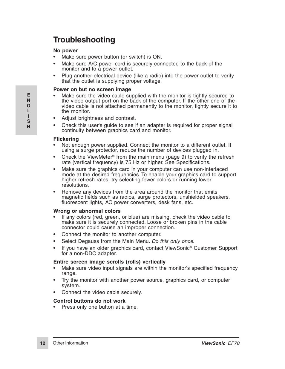 Troubleshooting | VIEWSONIC EF70 User Manual | Page 13 / 16