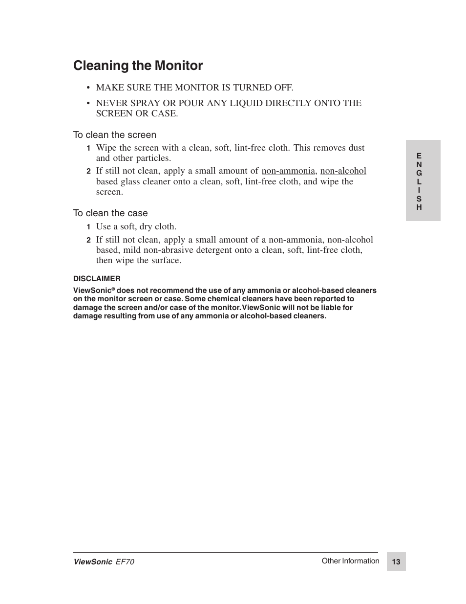 Cleaning the monitor | VIEWSONIC EF70 User Manual | Page 14 / 16
