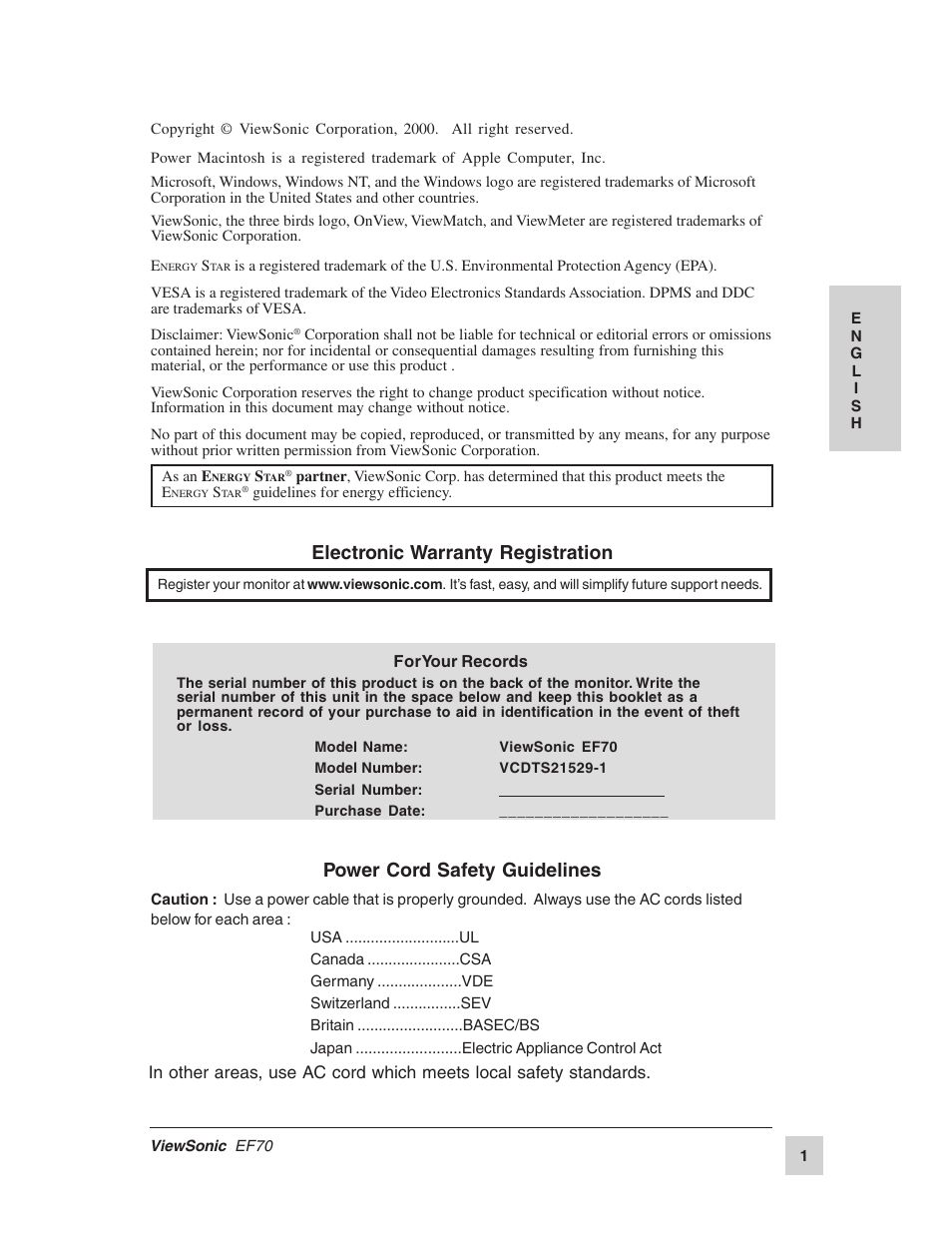 Power cord safety guidelines, Electronic warranty registration | VIEWSONIC EF70 User Manual | Page 2 / 16