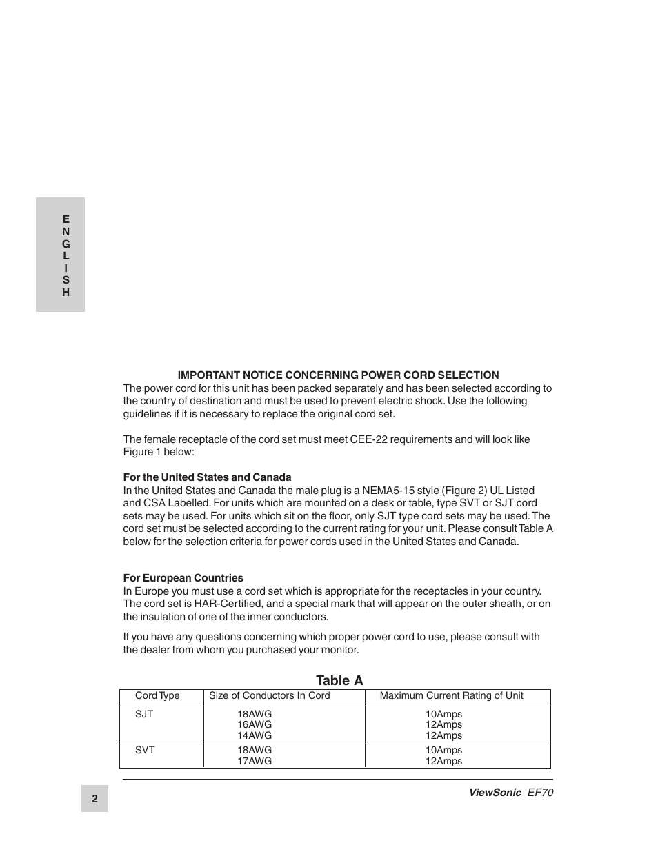 Table a | VIEWSONIC EF70 User Manual | Page 3 / 16