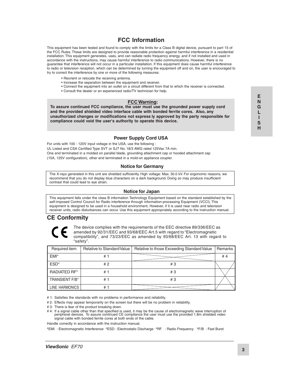 Fcc information, Ce conformity | VIEWSONIC EF70 User Manual | Page 4 / 16