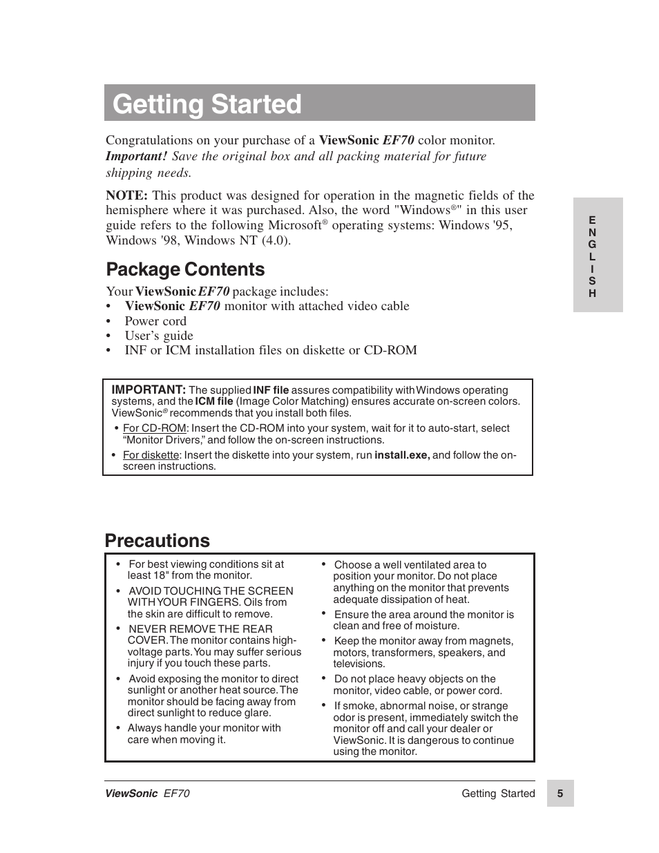 Getting started, Package contents, Precautions | VIEWSONIC EF70 User Manual | Page 6 / 16