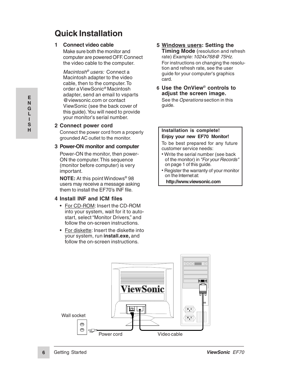 Quick installation | VIEWSONIC EF70 User Manual | Page 7 / 16