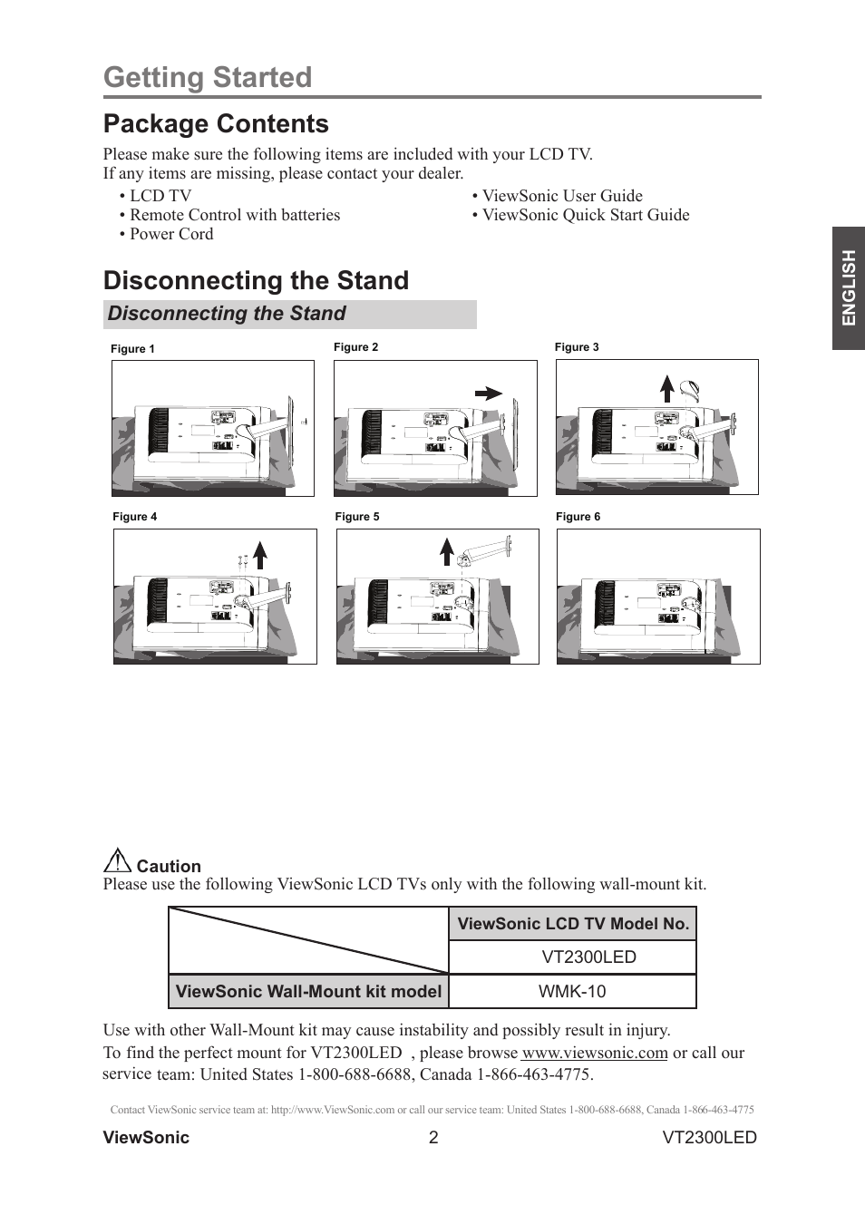 Getting started, Package contents, Disconnecting the stand | VIEWSONIC VS13215-1M User Manual | Page 10 / 34
