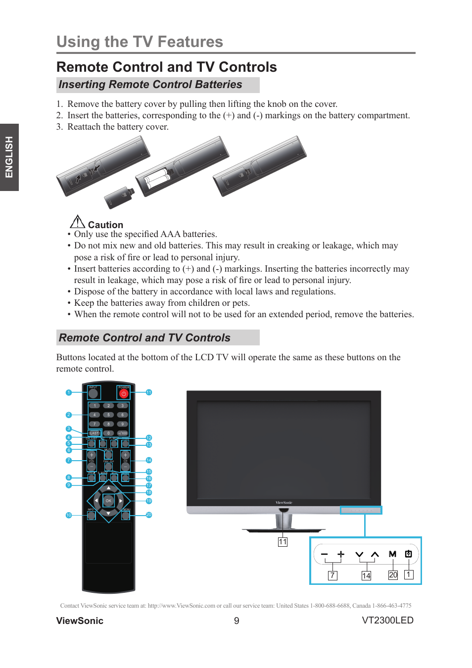 Using the tv features, Remote control and tv controls, Inserting remote control batteries | Viewsonic 9 | VIEWSONIC VS13215-1M User Manual | Page 17 / 34