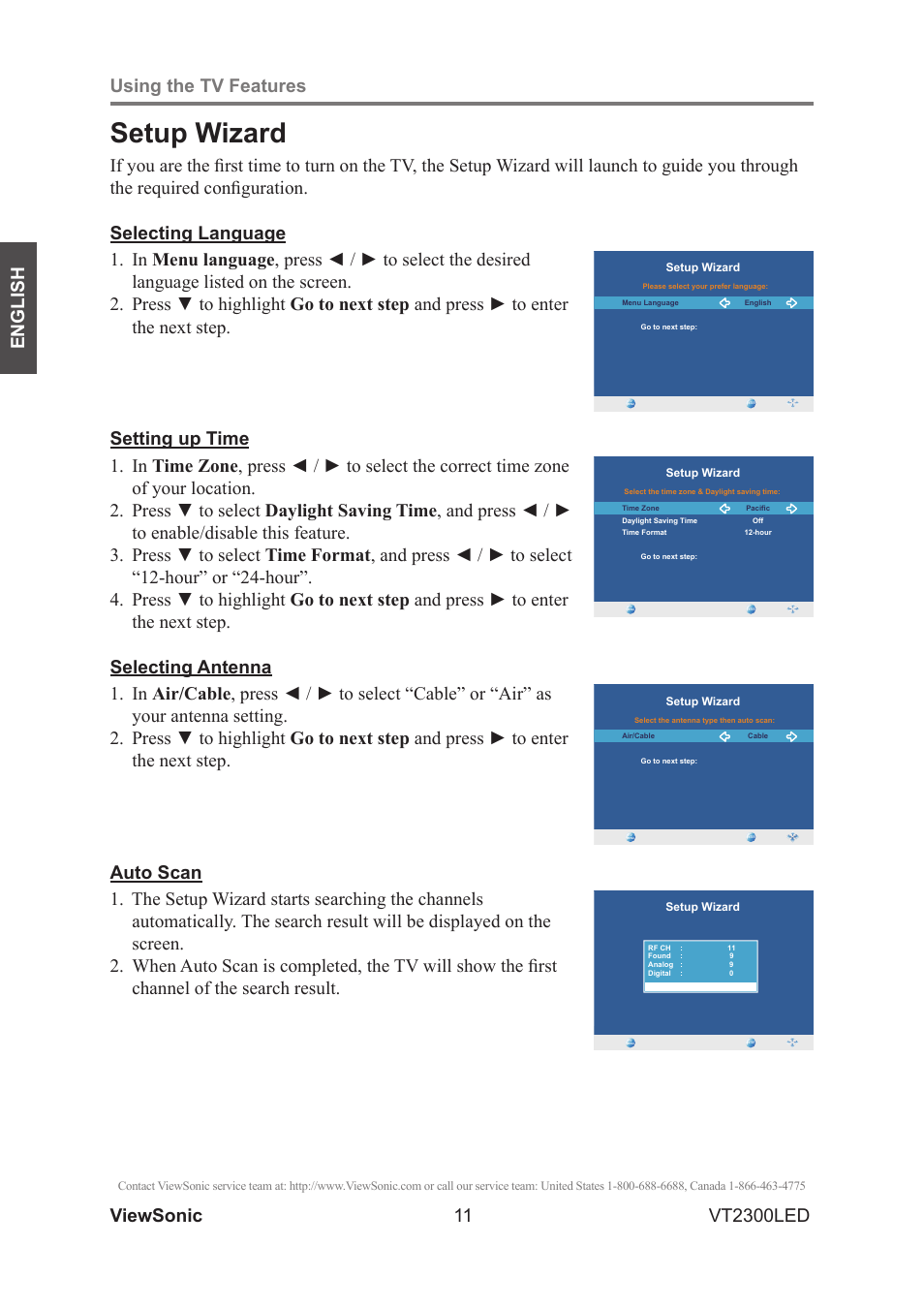 Setup wizard, Viewsonic 11 using the tv features, English vt2300led | VIEWSONIC VS13215-1M User Manual | Page 19 / 34