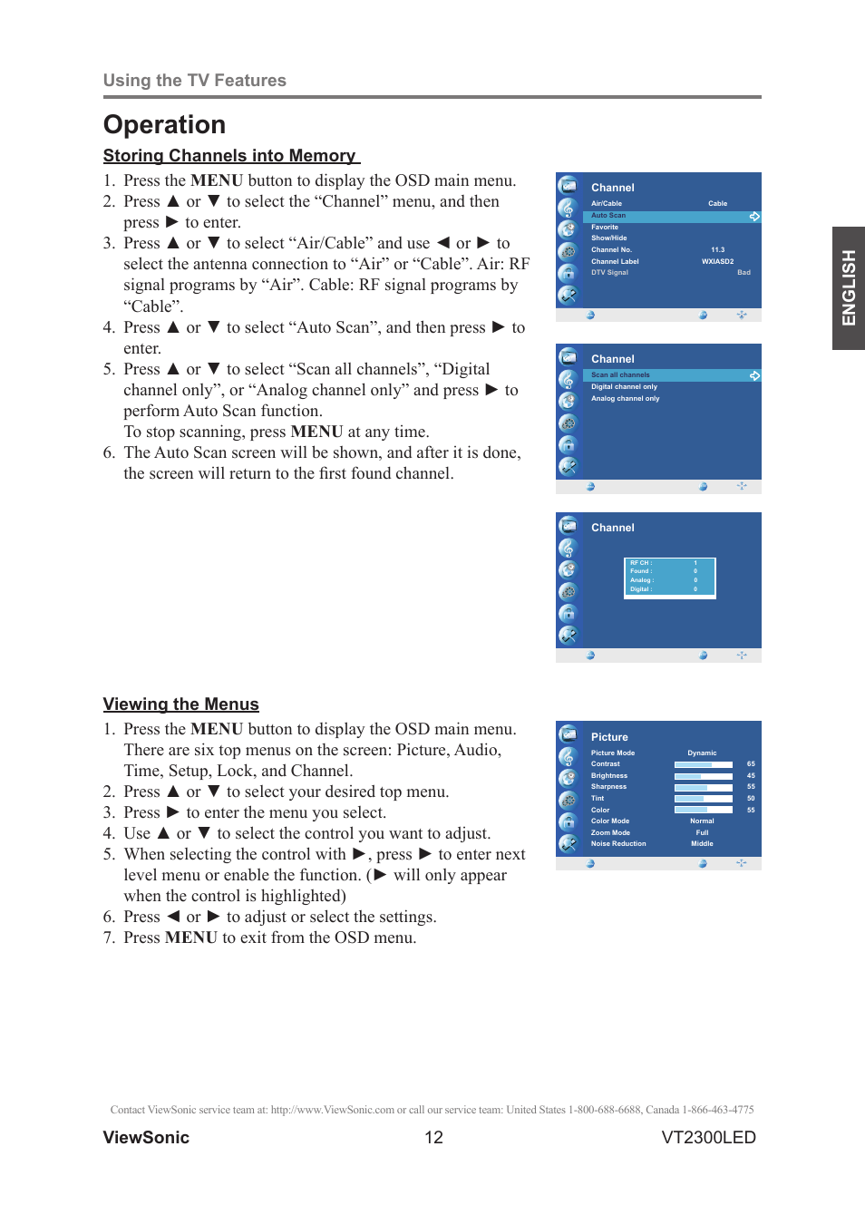 Operation, Viewsonic 12 using the tv features, English vt2300led | VIEWSONIC VS13215-1M User Manual | Page 20 / 34