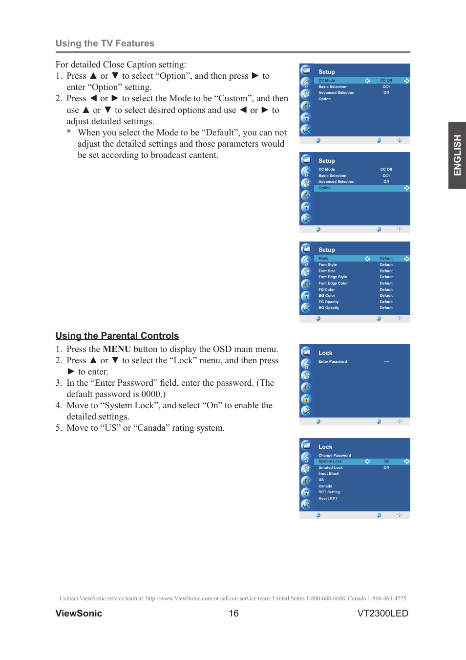 English vt2300led, Setup, Lock | VIEWSONIC VS13215-1M User Manual | Page 24 / 34