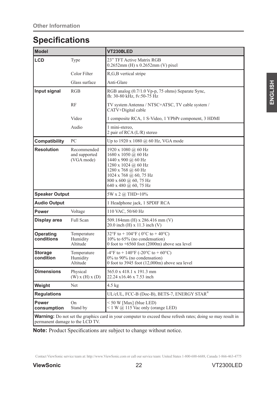 Specifi cations | VIEWSONIC VS13215-1M User Manual | Page 30 / 34