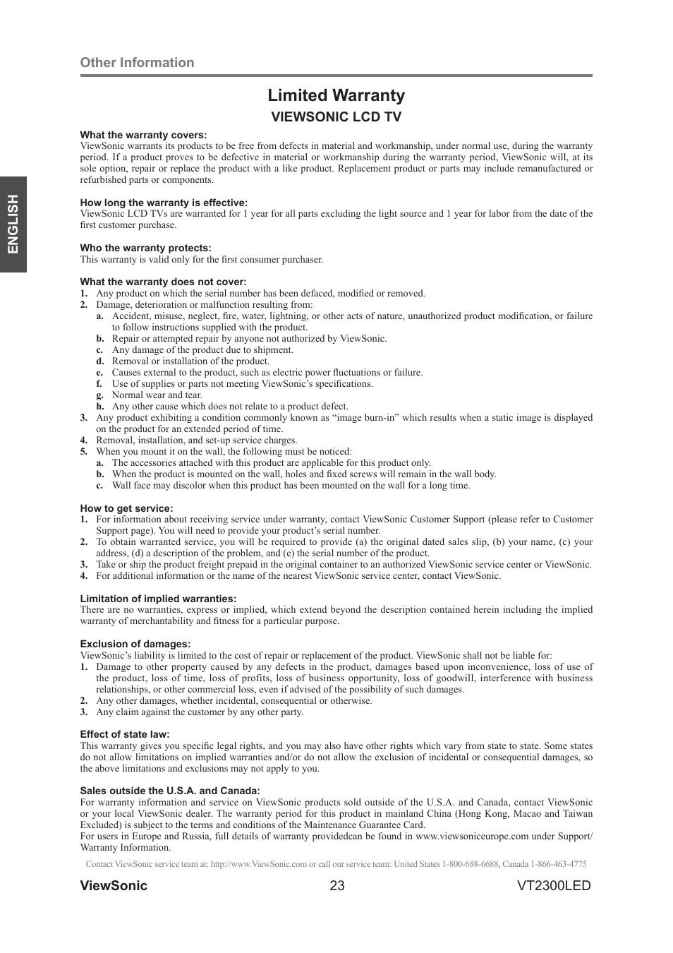 Limited warranty, Viewsonic 23 other information, Viewsonic lcd tv | English vt2300led | VIEWSONIC VS13215-1M User Manual | Page 31 / 34