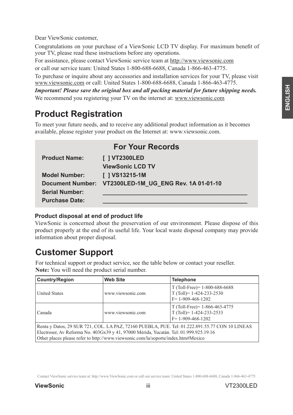 Product registration, Customer support, For your records | VIEWSONIC VS13215-1M User Manual | Page 4 / 34
