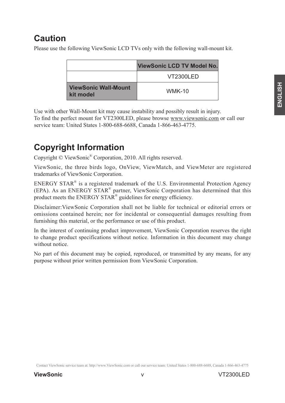 Caution, Copyright information | VIEWSONIC VS13215-1M User Manual | Page 6 / 34