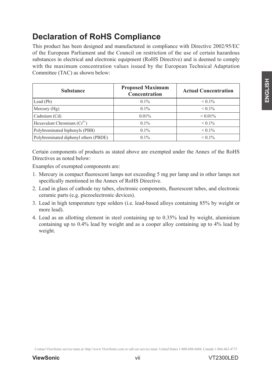 Declaration of rohs compliance | VIEWSONIC VS13215-1M User Manual | Page 8 / 34