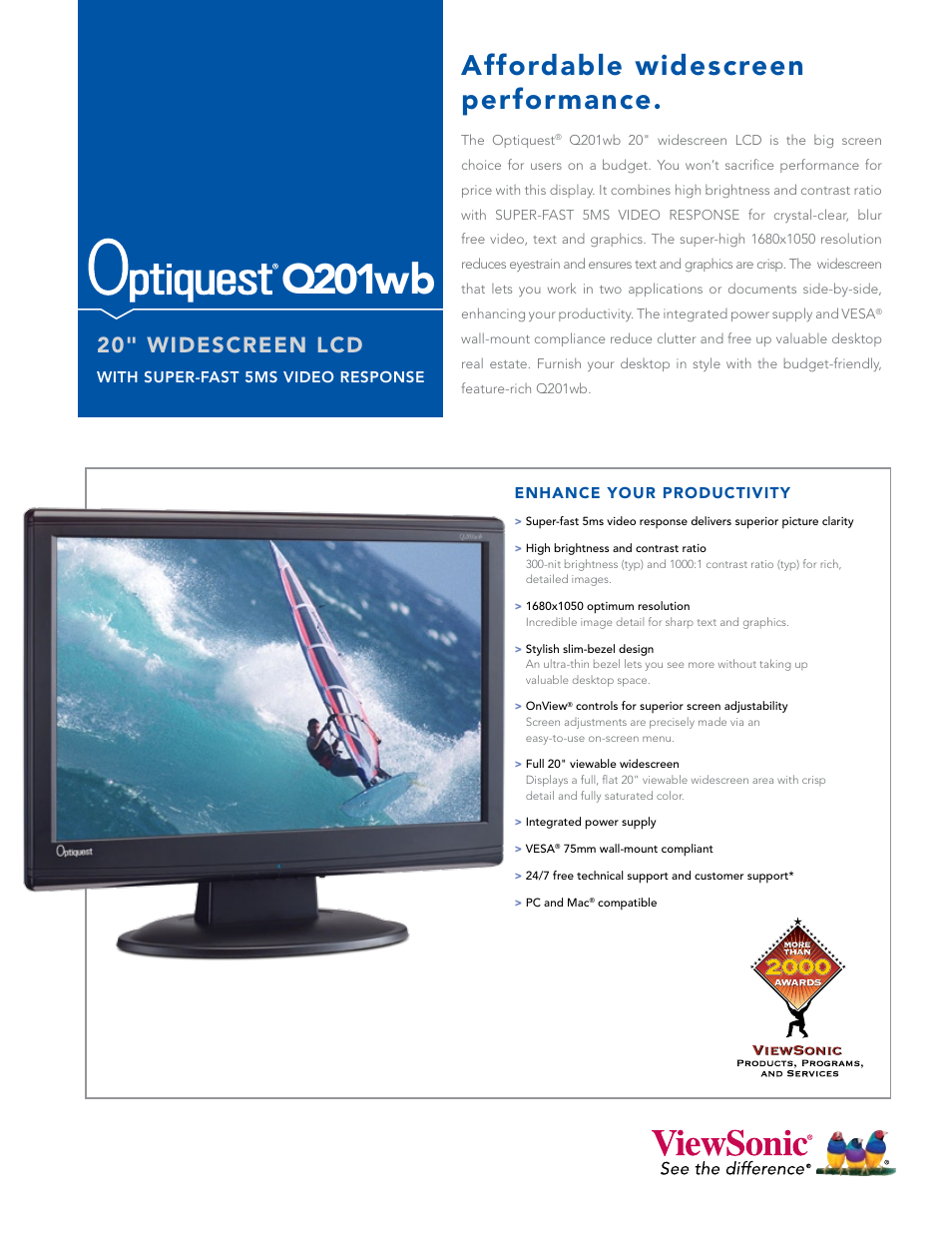 VIEWSONIC Optiquest Q201WB User Manual | 2 pages