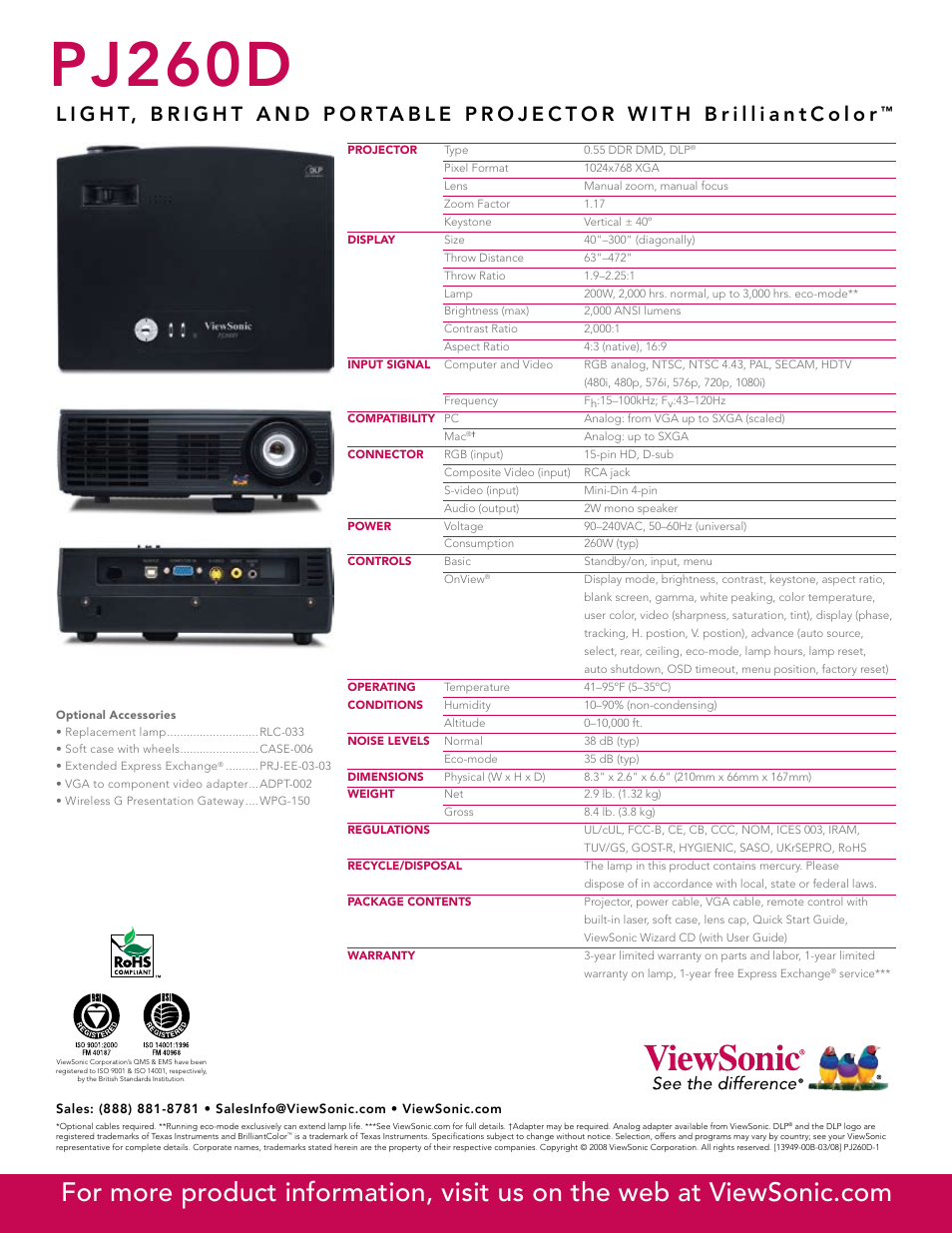 Pj260d | VIEWSONIC PJ600-1 User Manual | Page 2 / 2