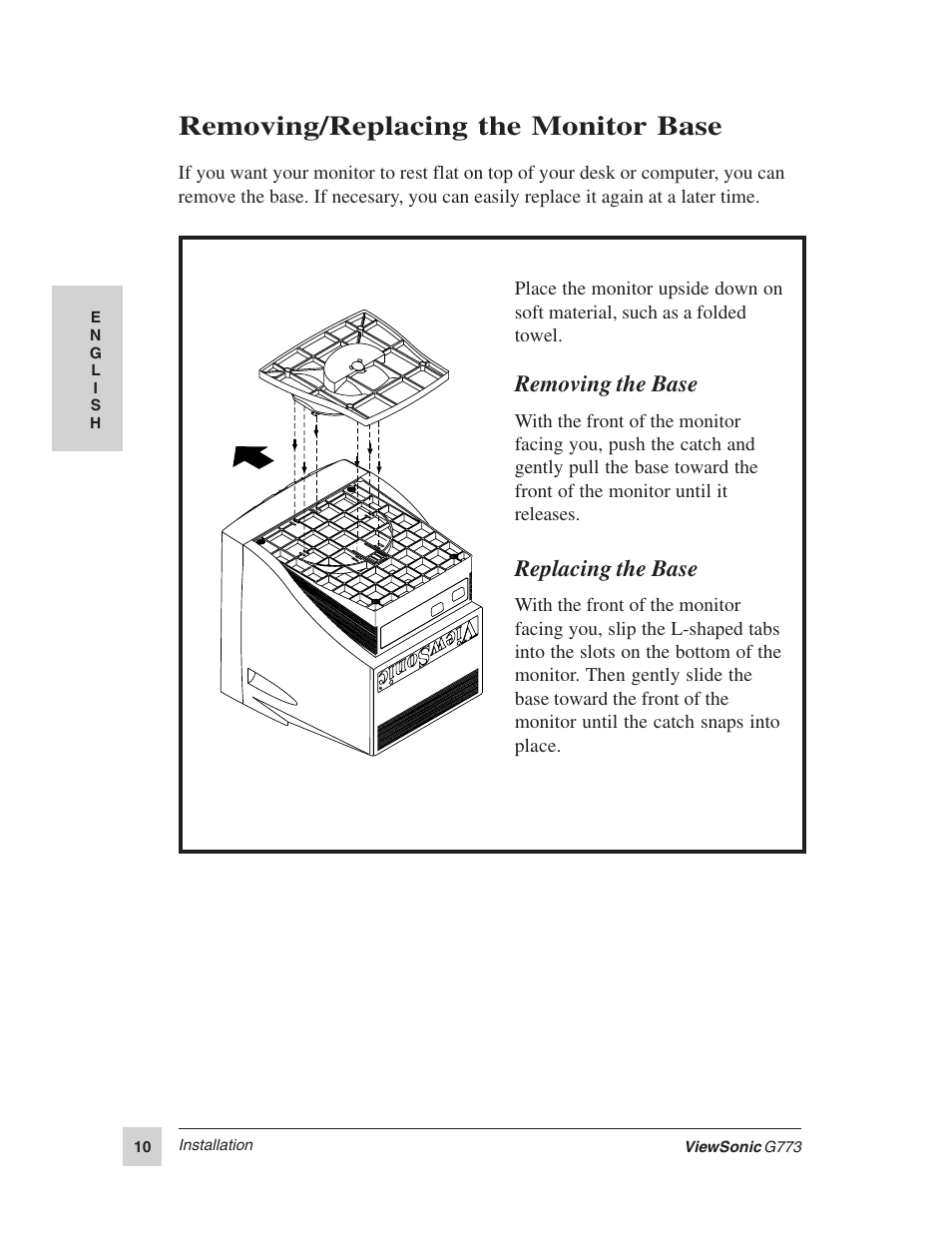Removing/replacing the monitor base, Replacing the base, Removing the base | VIEWSONIC G773 User Manual | Page 17 / 32