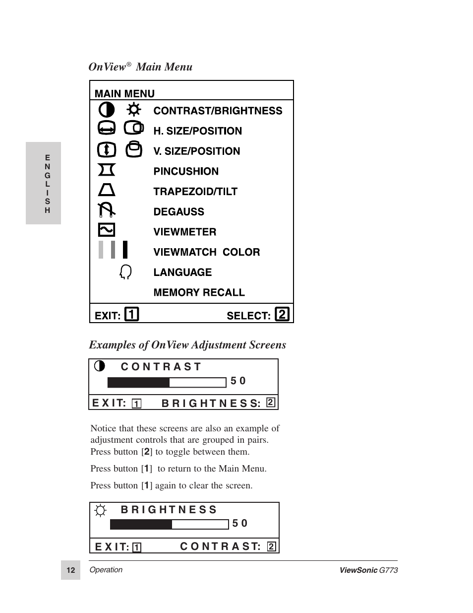 Examples of onview adjustment screens onview, Main menu | VIEWSONIC G773 User Manual | Page 19 / 32