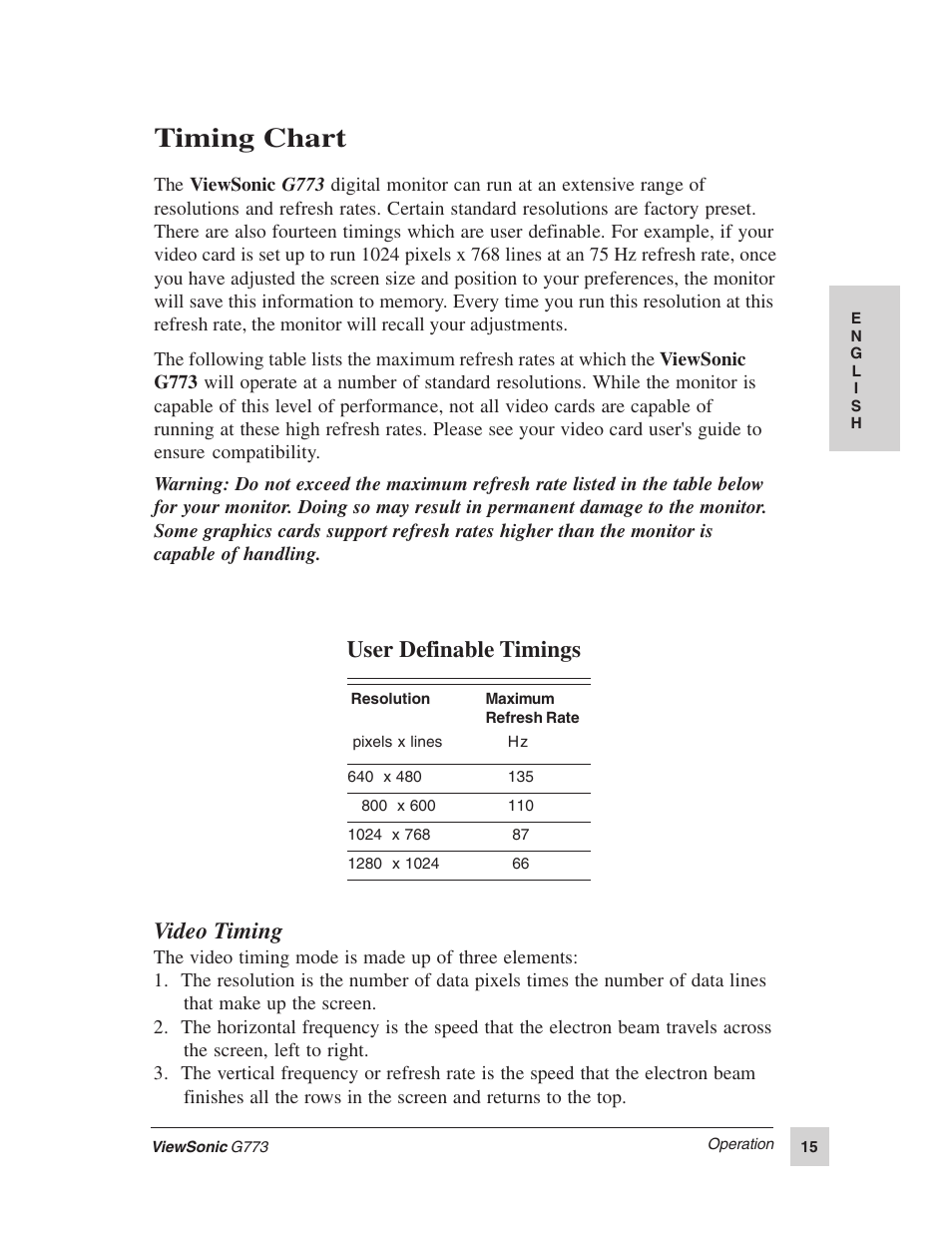 Timing chart, User definable timings video timing | VIEWSONIC G773 User Manual | Page 22 / 32