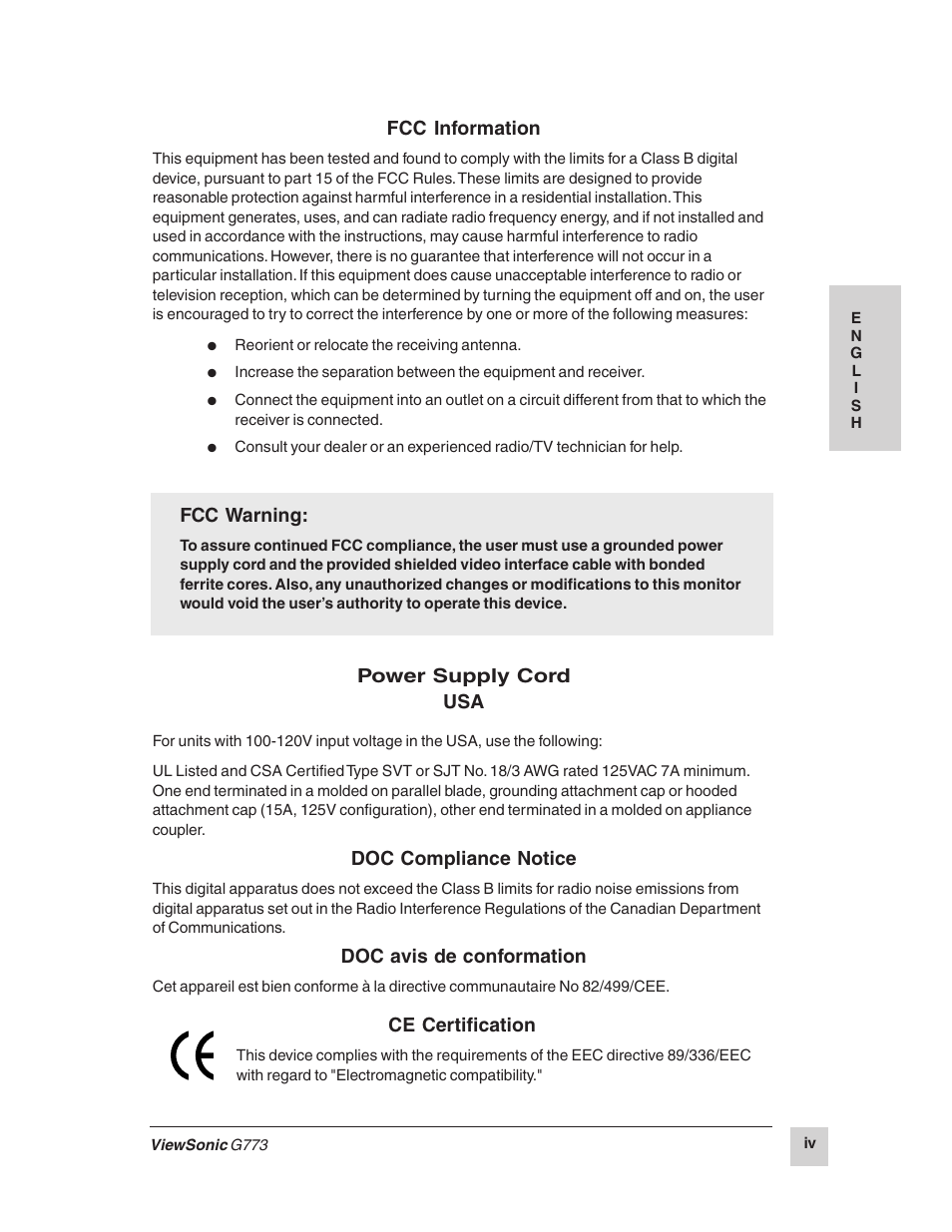Fcc information, Fcc warning, Power supply cord usa | Doc compliance notice, Doc avis de conformation, Ce certification | VIEWSONIC G773 User Manual | Page 6 / 32