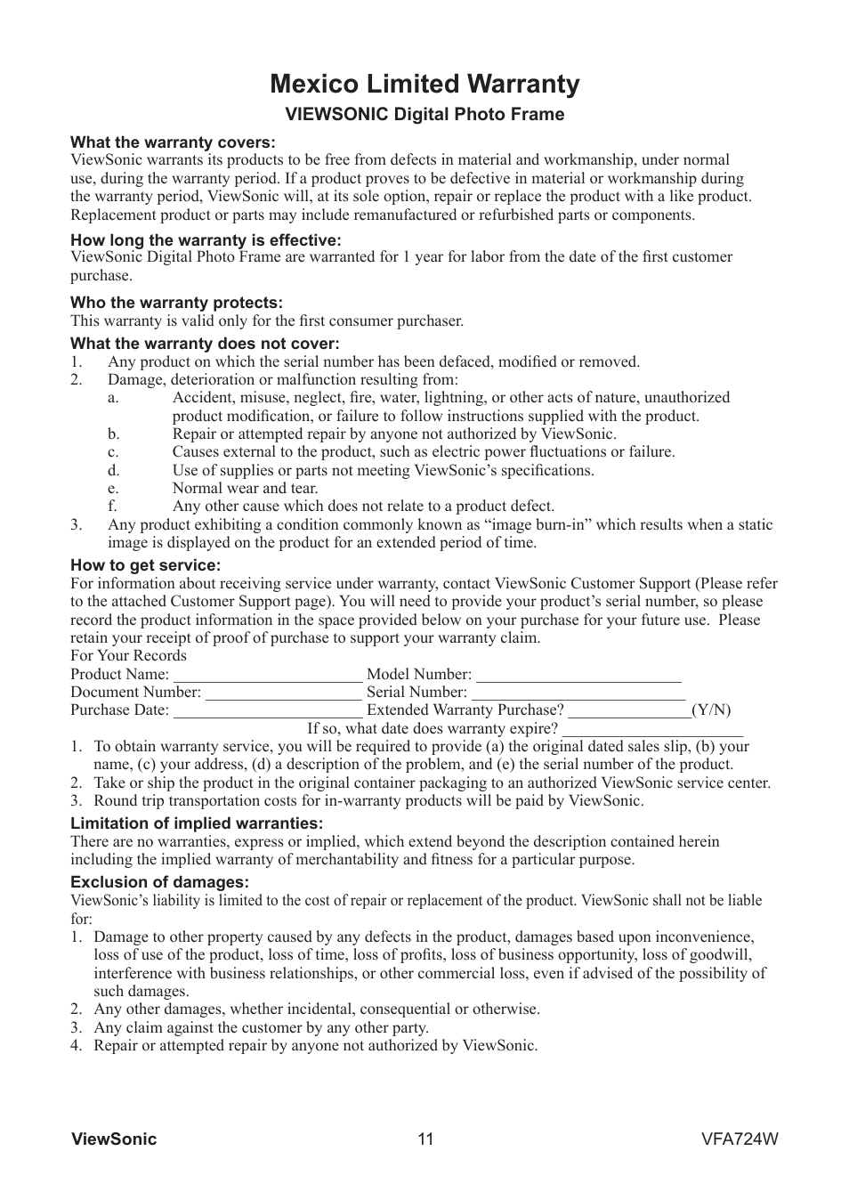 Mexico limited warranty | VIEWSONIC VS13471  ES User Manual | Page 12 / 14
