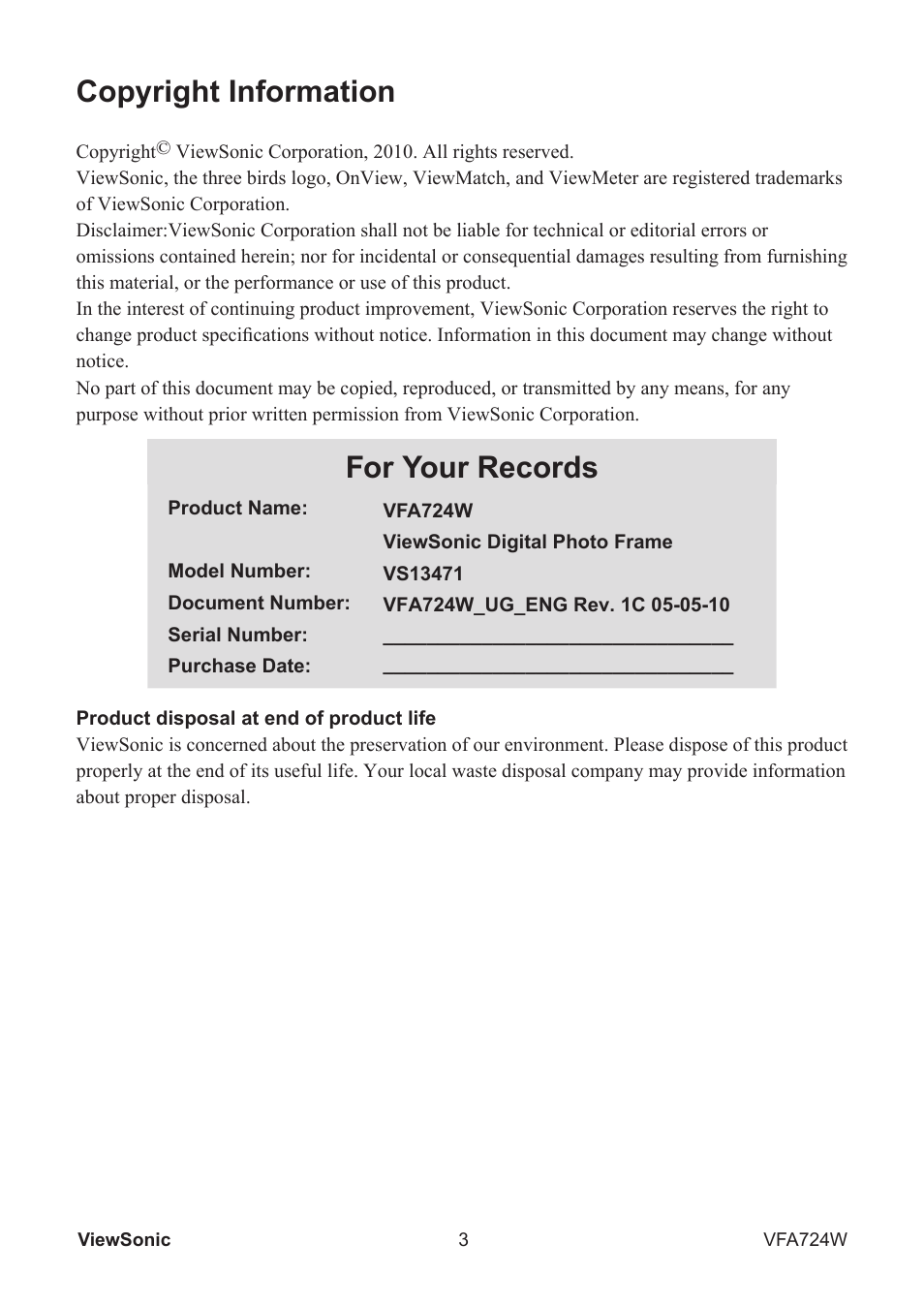 Copyright information, For your records | VIEWSONIC VS13471  ES User Manual | Page 4 / 14