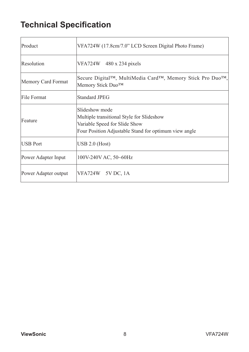 Technical specification | VIEWSONIC VS13471  ES User Manual | Page 9 / 14