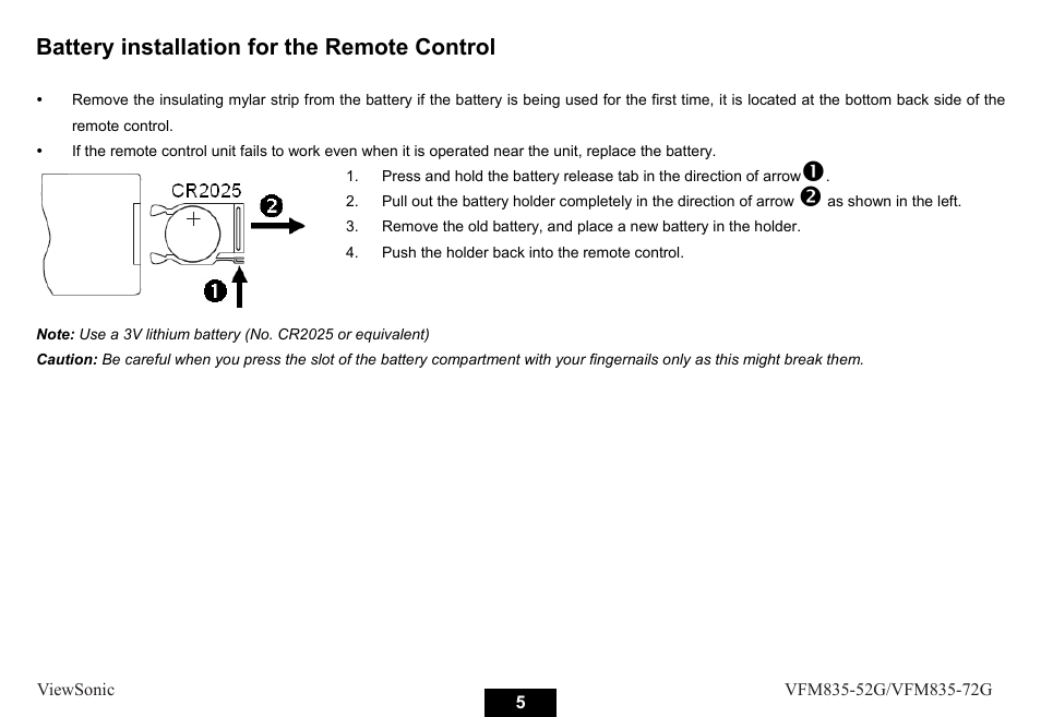 Battery installation for the remote control | VIEWSONIC VFM835-52G User Manual | Page 10 / 31