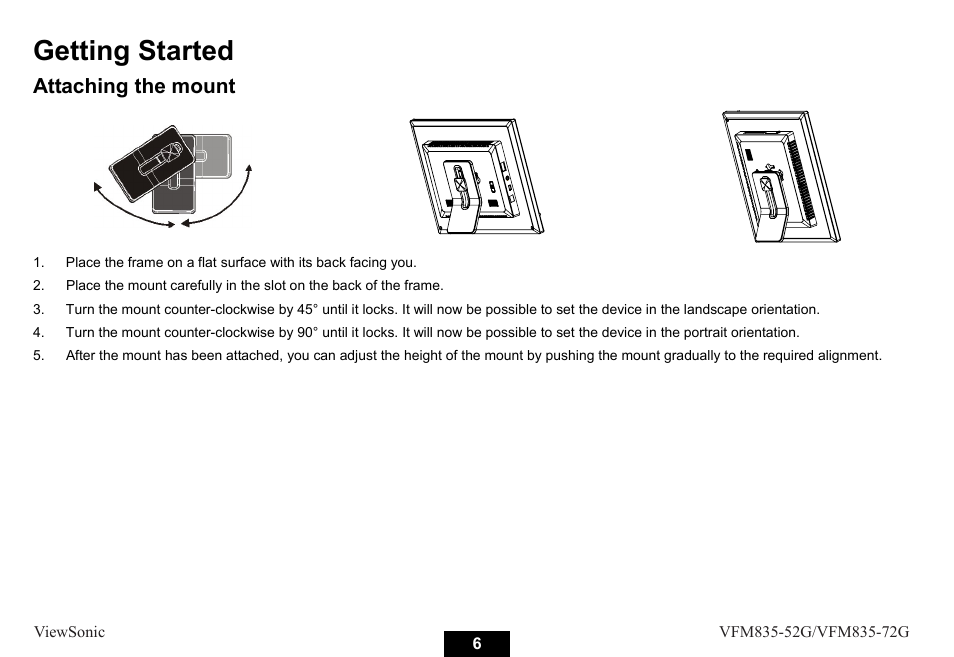 Getting started, Attaching the mount | VIEWSONIC VFM835-52G User Manual | Page 11 / 31