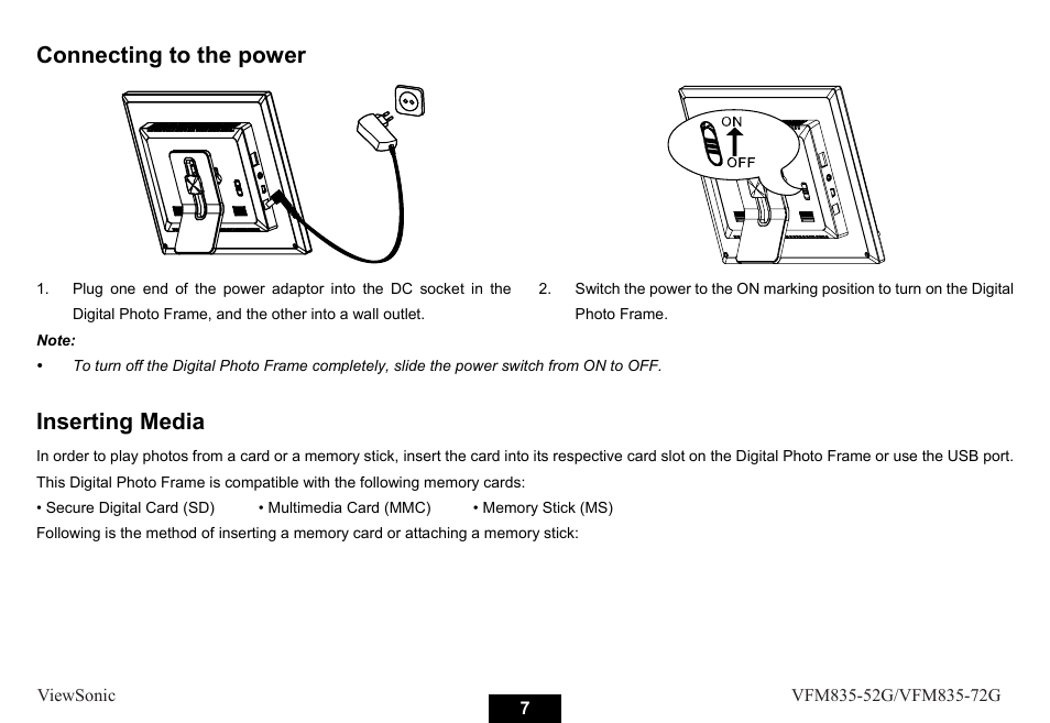 Connecting to the power, Inserting media | VIEWSONIC VFM835-52G User Manual | Page 12 / 31