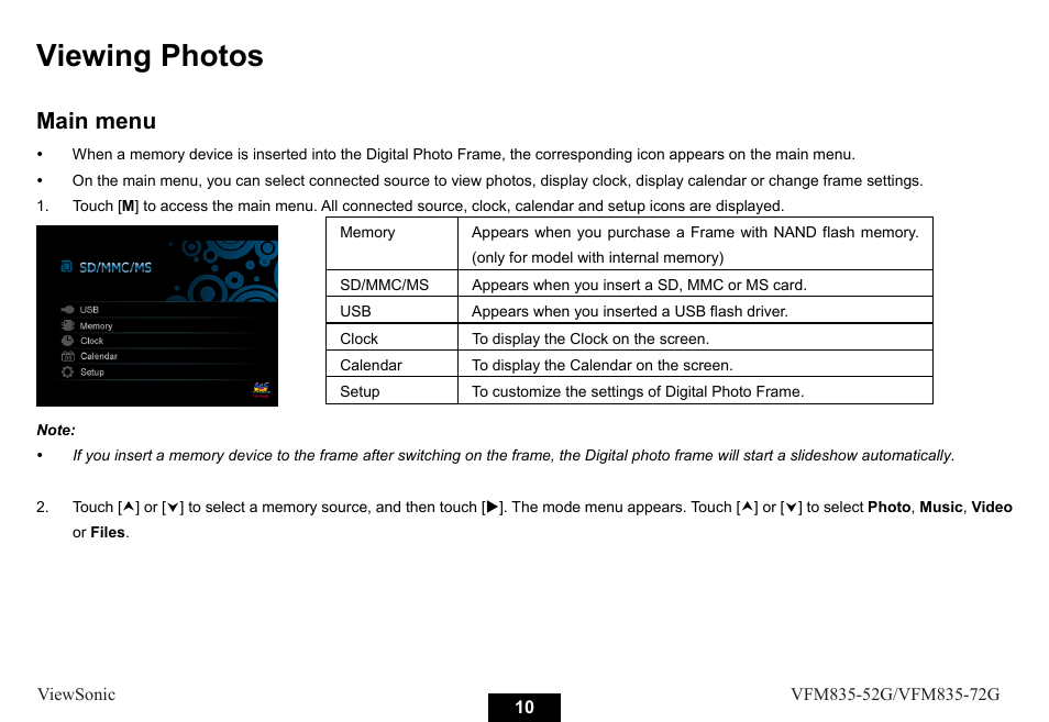 Viewing photos, Main menu | VIEWSONIC VFM835-52G User Manual | Page 15 / 31