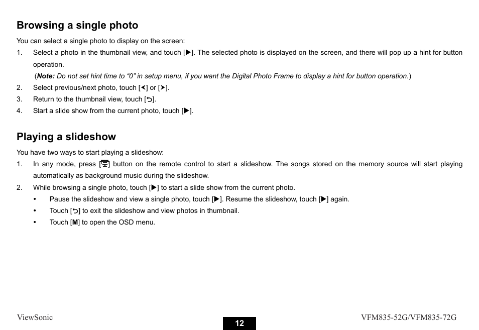 Browsing a single photo, Playing a slideshow | VIEWSONIC VFM835-52G User Manual | Page 17 / 31