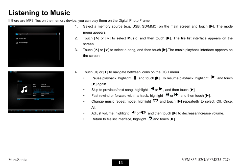 Listening to music | VIEWSONIC VFM835-52G User Manual | Page 19 / 31