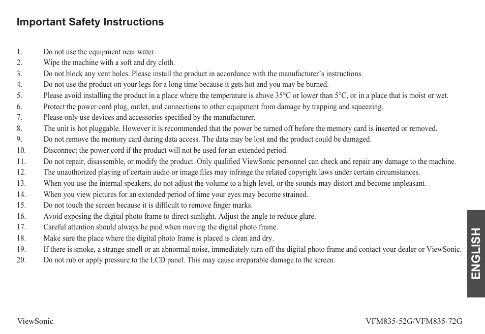 English, Important safety instructions | VIEWSONIC VFM835-52G User Manual | Page 2 / 31