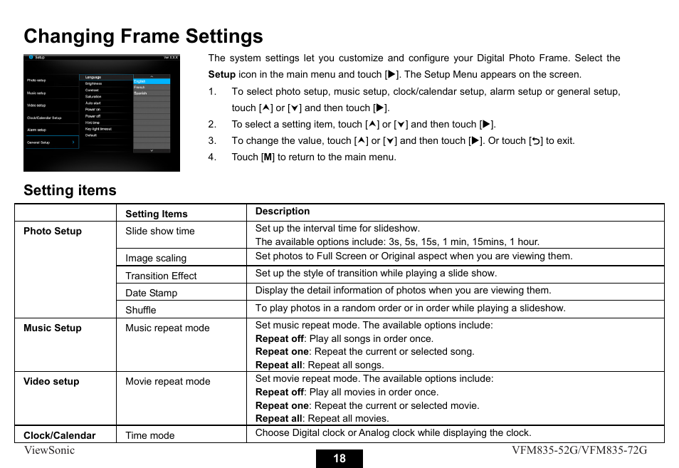 Changing frame settings, Setting items | VIEWSONIC VFM835-52G User Manual | Page 23 / 31