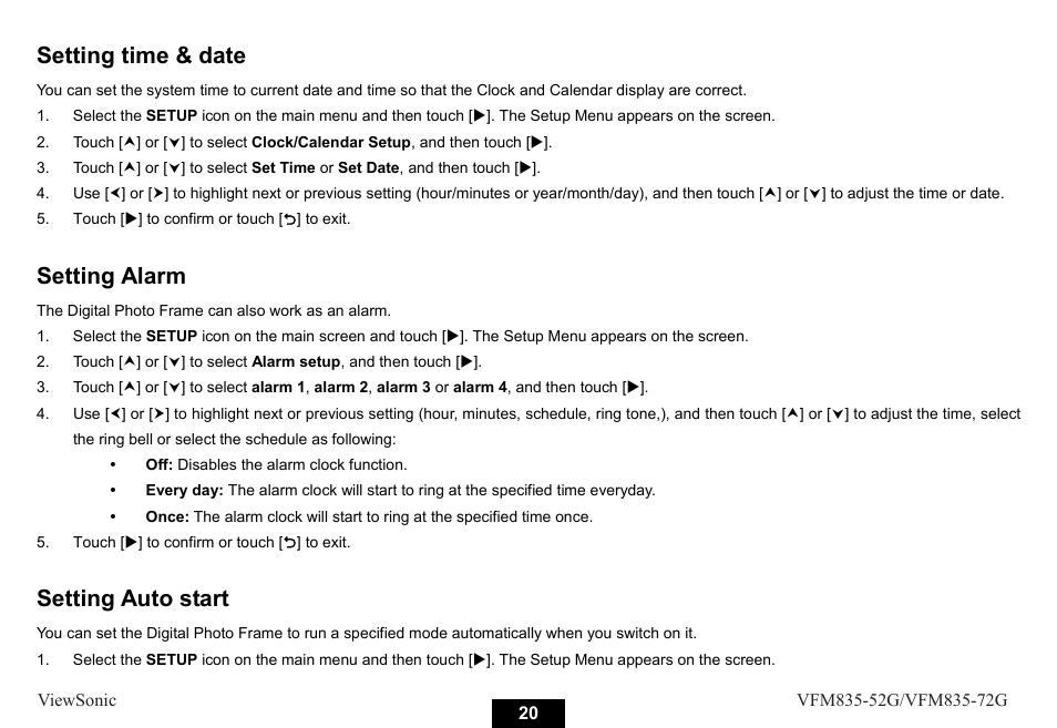 Setting time & date, Setting alarm, Setting auto start | VIEWSONIC VFM835-52G User Manual | Page 25 / 31