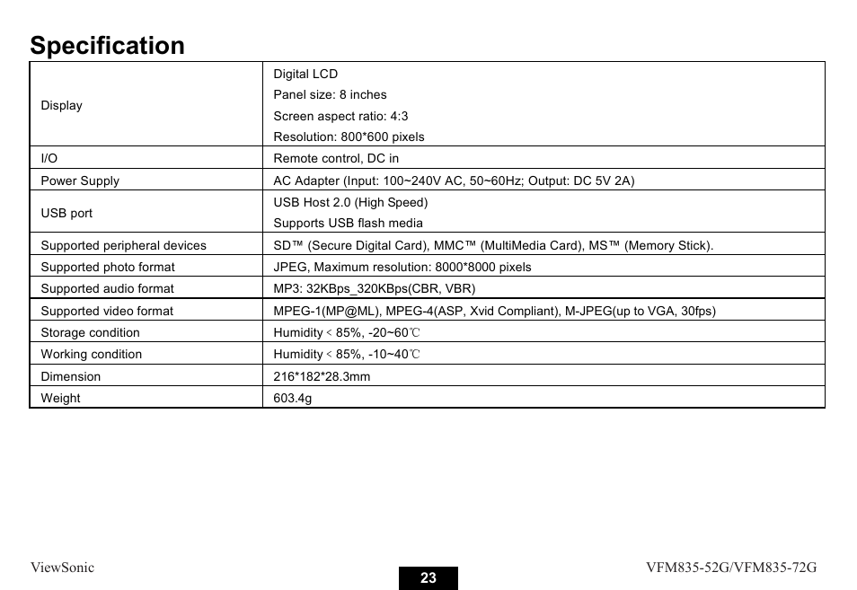 Specification | VIEWSONIC VFM835-52G User Manual | Page 28 / 31
