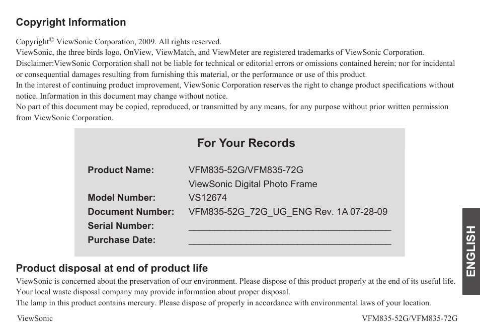 English, For your records | VIEWSONIC VFM835-52G User Manual | Page 4 / 31