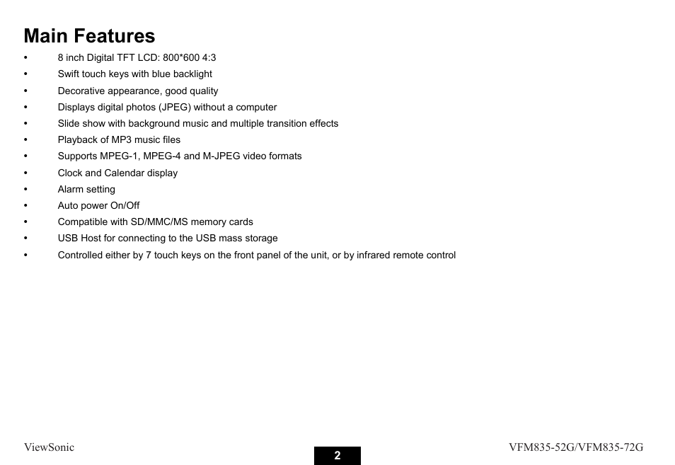 Main features | VIEWSONIC VFM835-52G User Manual | Page 7 / 31