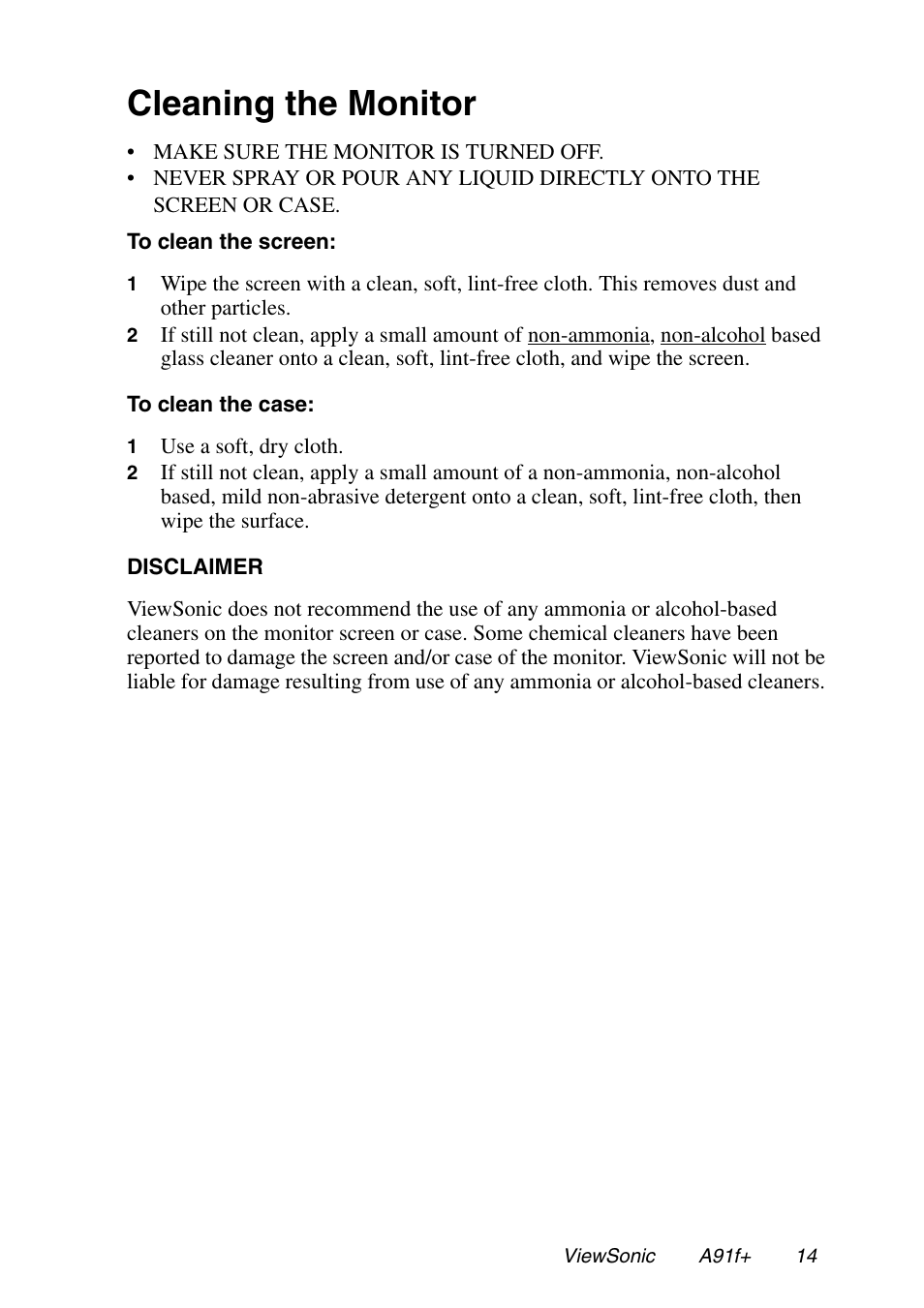 Cleaning the monitor | VIEWSONIC A91f+ User Manual | Page 17 / 19