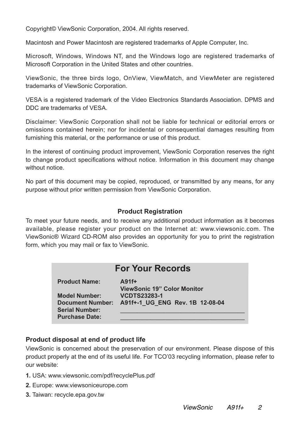 For your records | VIEWSONIC A91f+ User Manual | Page 5 / 19