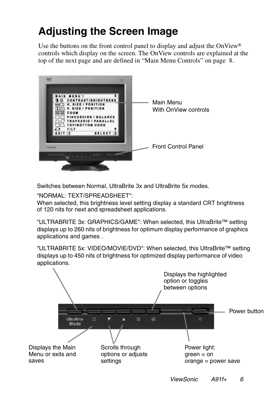 Adjusting the screen image | VIEWSONIC A91f+ User Manual | Page 9 / 19