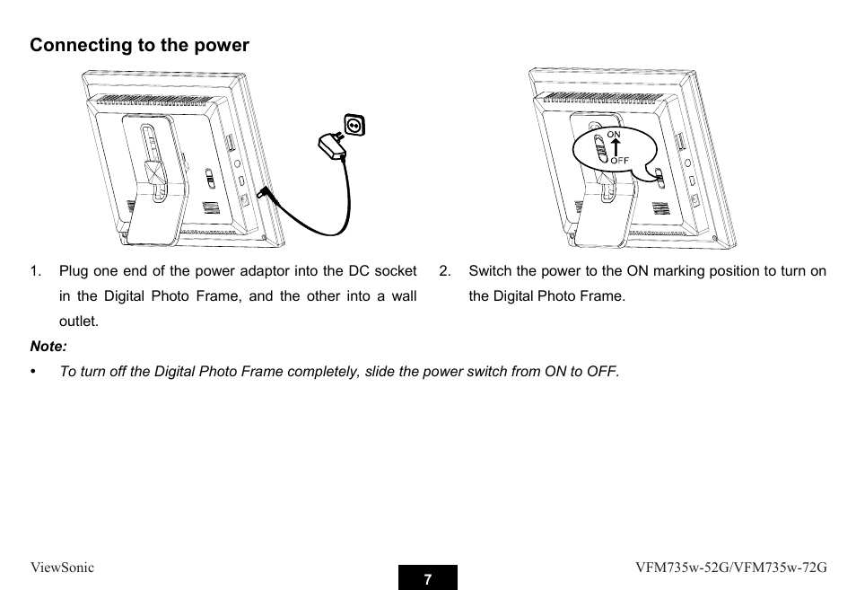 Connecting to the power | VIEWSONIC VFM735W-72G User Manual | Page 13 / 35