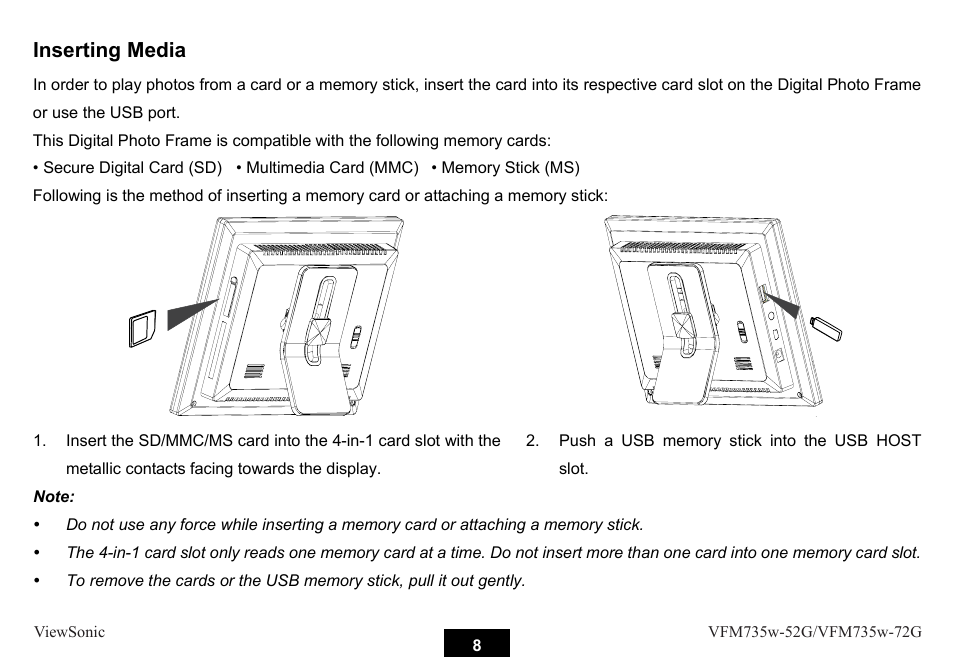 Inserting media | VIEWSONIC VFM735W-72G User Manual | Page 14 / 35