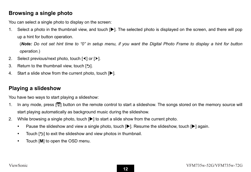 Browsing a single photo, Playing a slideshow | VIEWSONIC VFM735W-72G User Manual | Page 18 / 35
